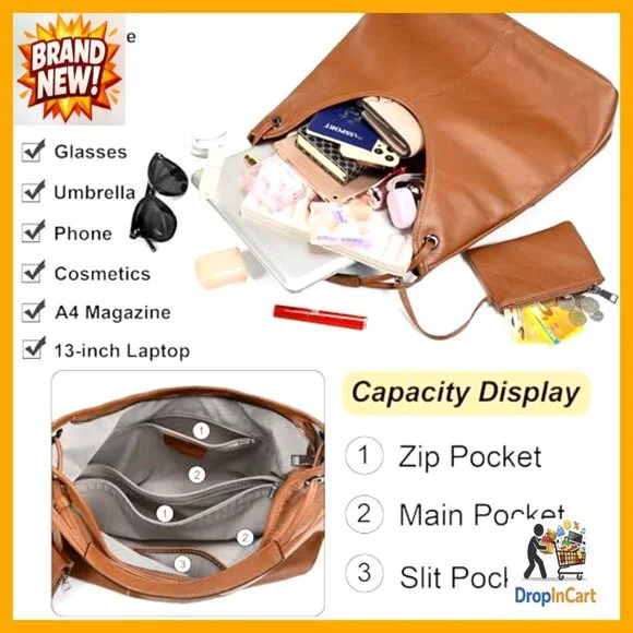 Genuine Cowhide Leather Hobo Handbag Shoulder Bag Purse with Coin Pouch